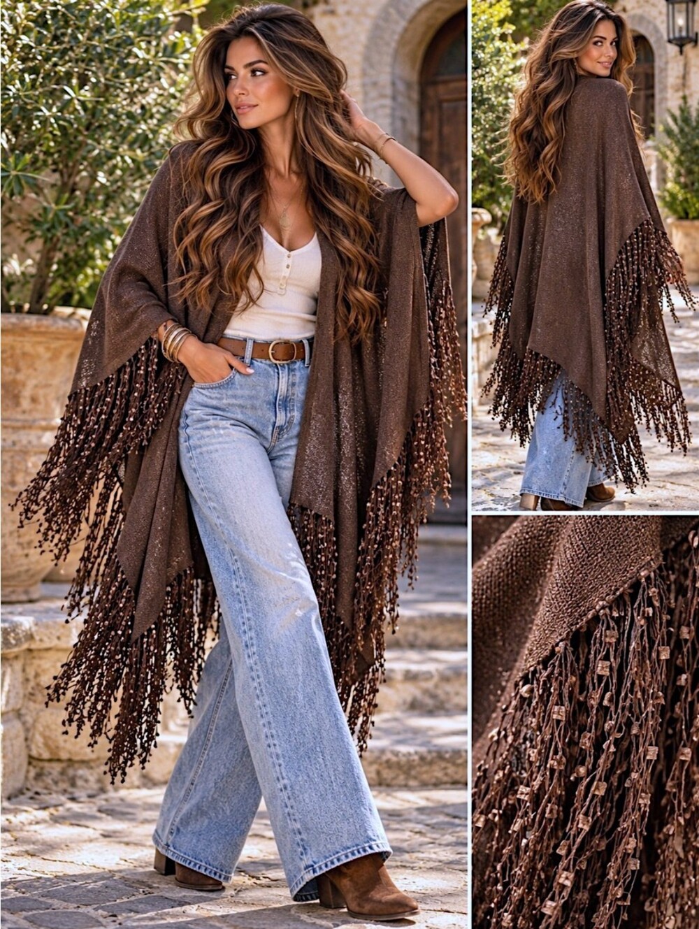Vtg 90s Boho Fringe Shawl Wrap Brown Draped Poncho Cape Whimsigoth Side Effects